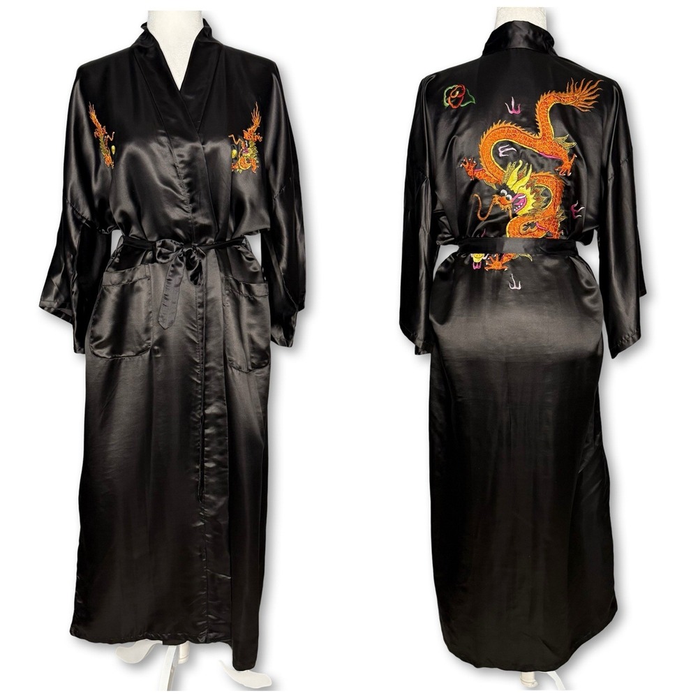 Esme 1950s Silk Embroidered Kimono Robe Large Asian‎ Chinese Art Long Pockets